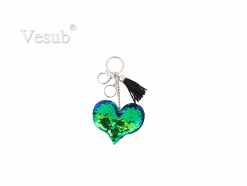 Sequin Keychain w/ Tassel and Insert (Blue and Green Heart)