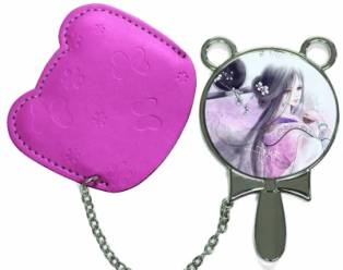 Round Hand Mirror with Leather Pink Case-Maroon