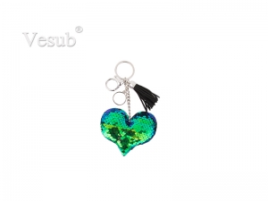 Sequin Keychain w/ Tassel and Insert (Blue and Green Heart)