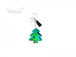 Sequin Keychain w/ Tassel and Insert (Blue and Green Christmas Tree)