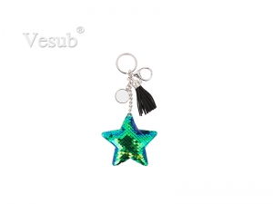 Sequin Keychain w/ Tassel and Insert (Blue and Green Star)