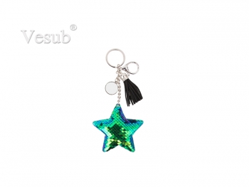 Sequin Keychain w/ Tassel and Insert (Blue and Green Star)